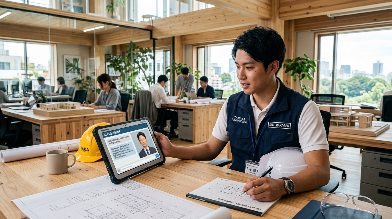 福岡工務店におけるAI社長による自律社員育成イメージ