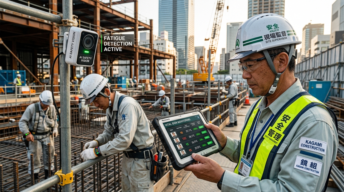 ゼネコン各社 AIカメラ＆ウェアラブル熱中症安全DXイメージ