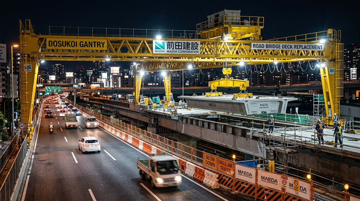 前田建設工業 どすこいガントリー高速道路床版架設イメージ
