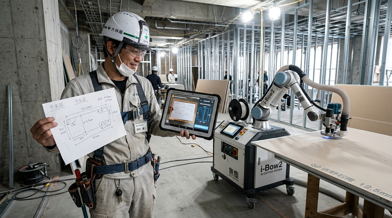 竹中工務店 手書き寸法図 AI解析 石膏ボード 自動加工機 i-Bow2 2026